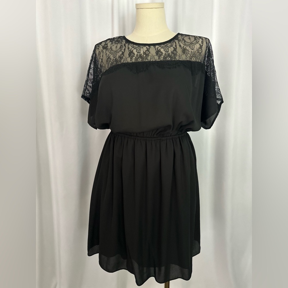 Maitai Black Lace Yoke Chiffon Dress | Elastic Waist | Short Sleeve (1160-6) - Picture 2 of 10